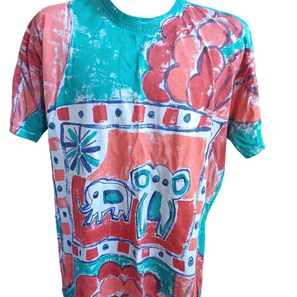 Large Vintage T-shirt Elephant Graphic Hand Painted Heather 1OF1 80's USA